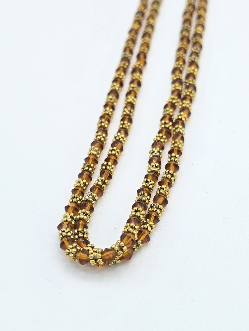 Honey Amber Crystal Double Strand Beaded Necklace Gold Tone
